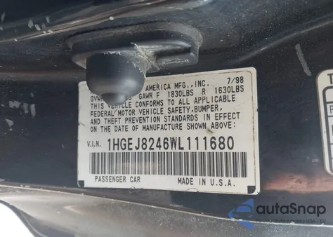 1998 Honda Civic Ex из США, поврежденный, VIN 1HGEJ8246WL111680